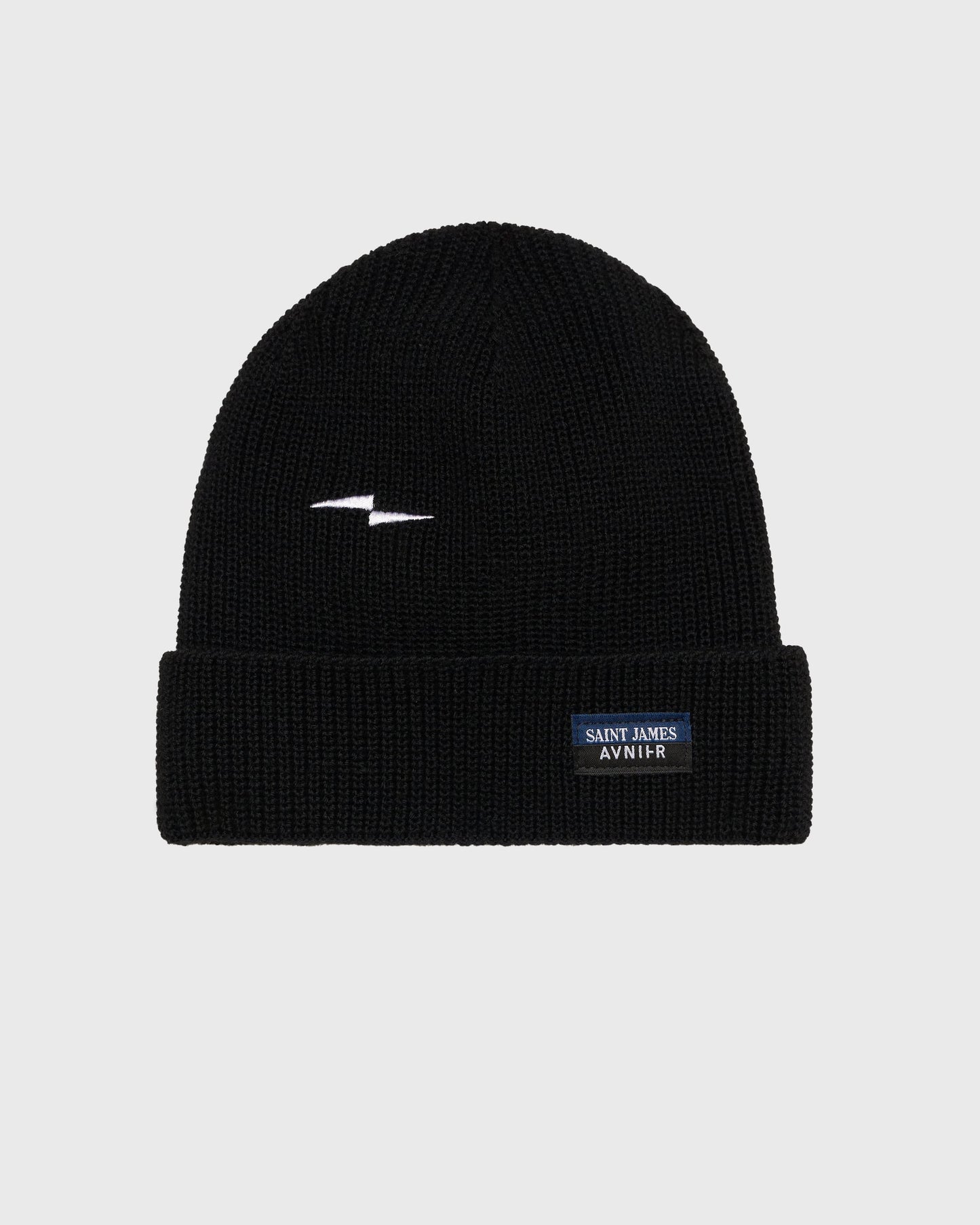 Bonnet Fujames AVNIER × Saint James noir en laine mérinos, tricot en maille perlée inspiré des vêtements marins français.