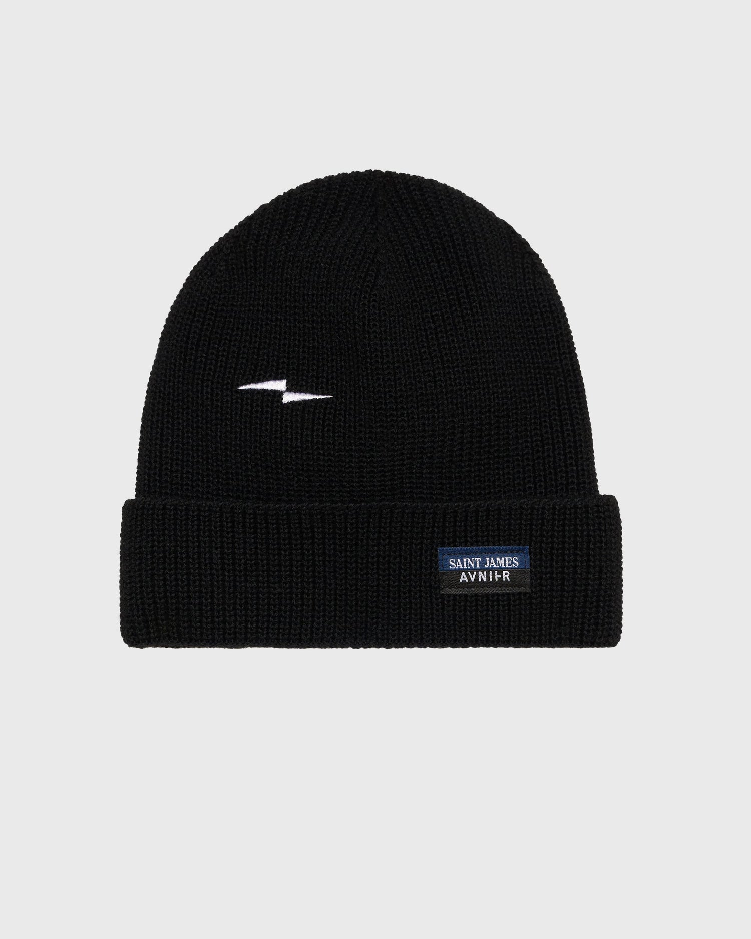 Bonnet Fujames AVNIER × Saint James noir en laine mérinos, tricot en maille perlée inspiré des vêtements marins français.
