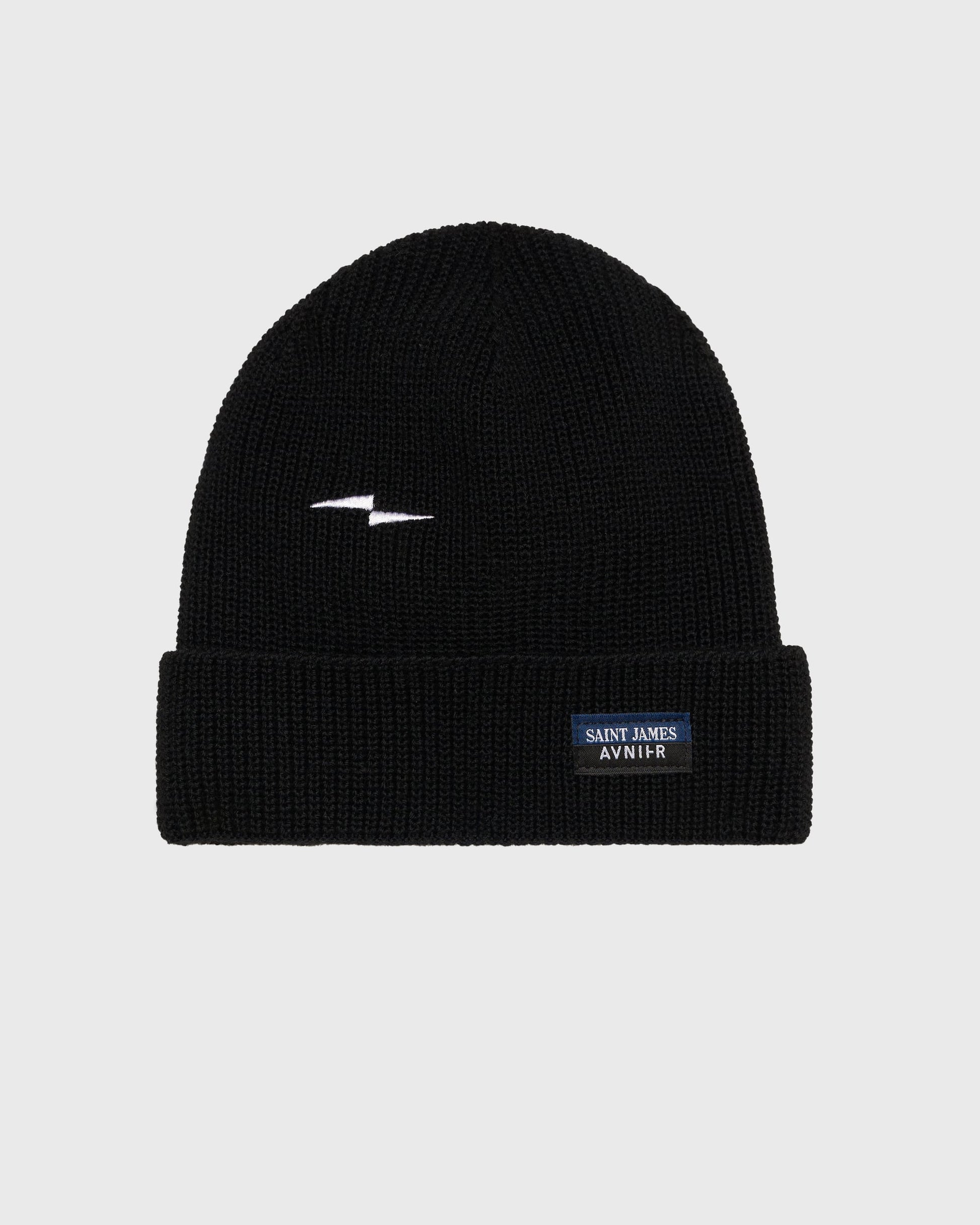 Bonnet Fujames AVNIER × Saint James noir en laine mérinos, tricot en maille perlée inspiré des vêtements marins français.