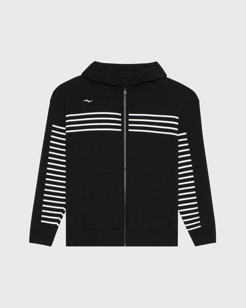 Hoodie AVNIER × Saint James noir en laine vierge, rayures phosphorescentes inspirées des pulls marins français.