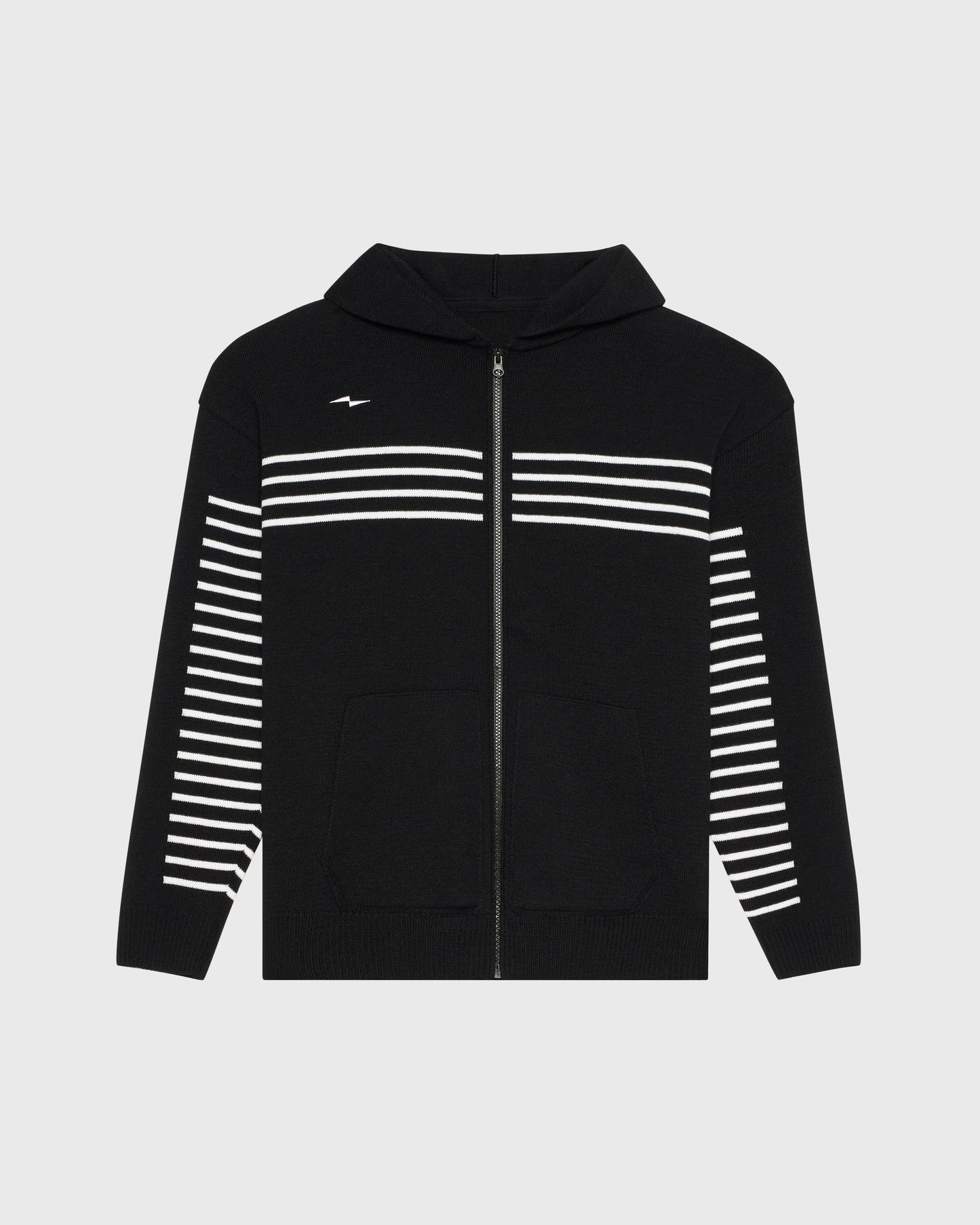 Hoodie AVNIER × Saint James noir en laine vierge, rayures phosphorescentes inspirées des pulls marins français.