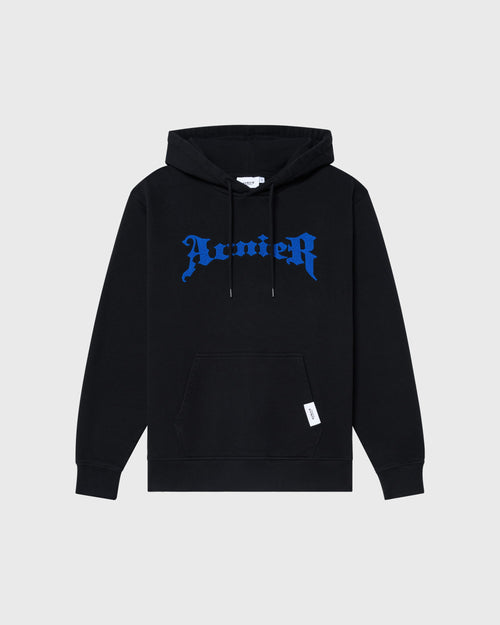 Hoodie Onset Umbra AVNIER noir, vue de face, AVNIER bleu sérigraphié sur la poitrine.