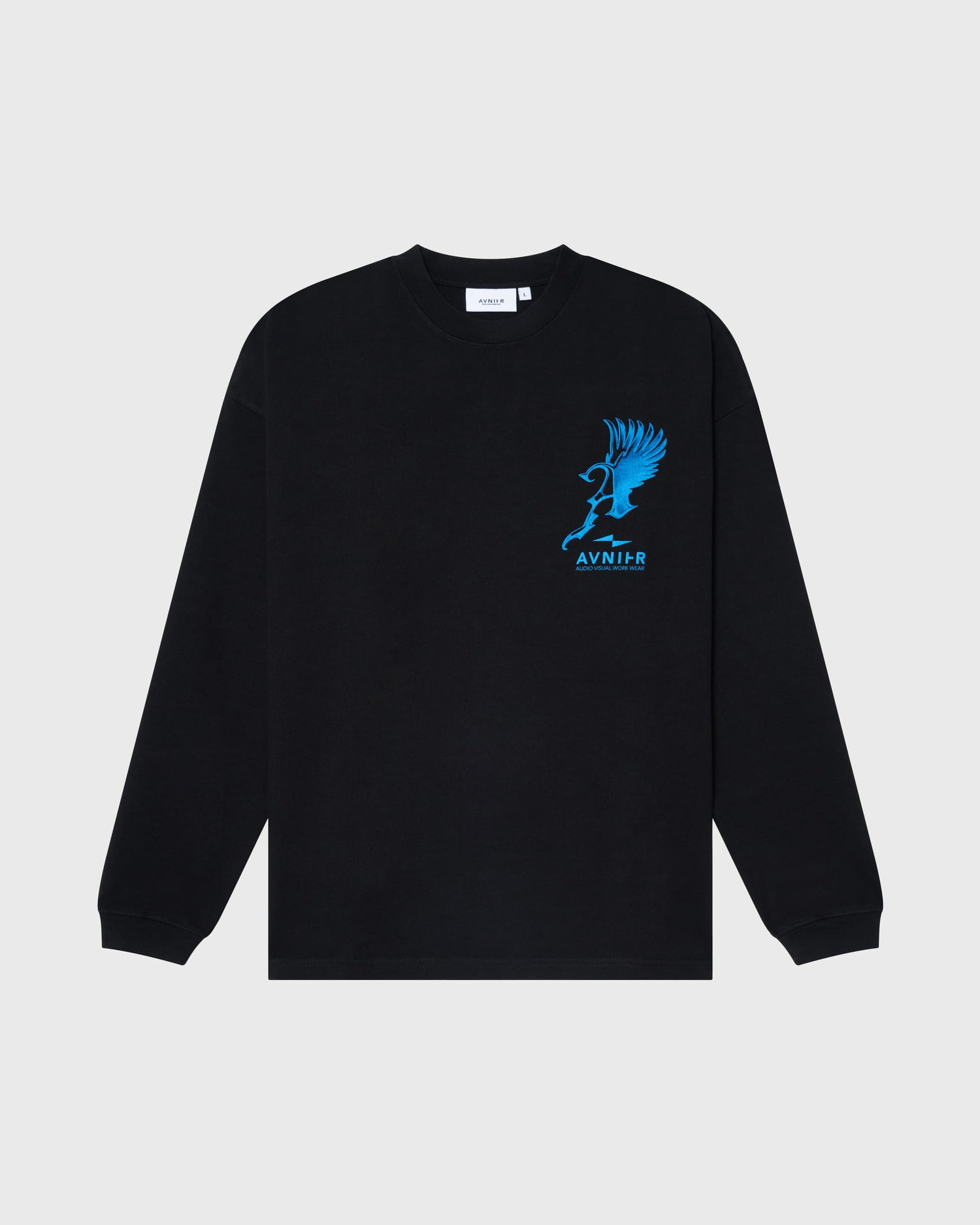 Longsleeve Phoenix AVNIER noir, vue de face, imprimé phoenix bleu et logo AVNIER sur la poitrine.