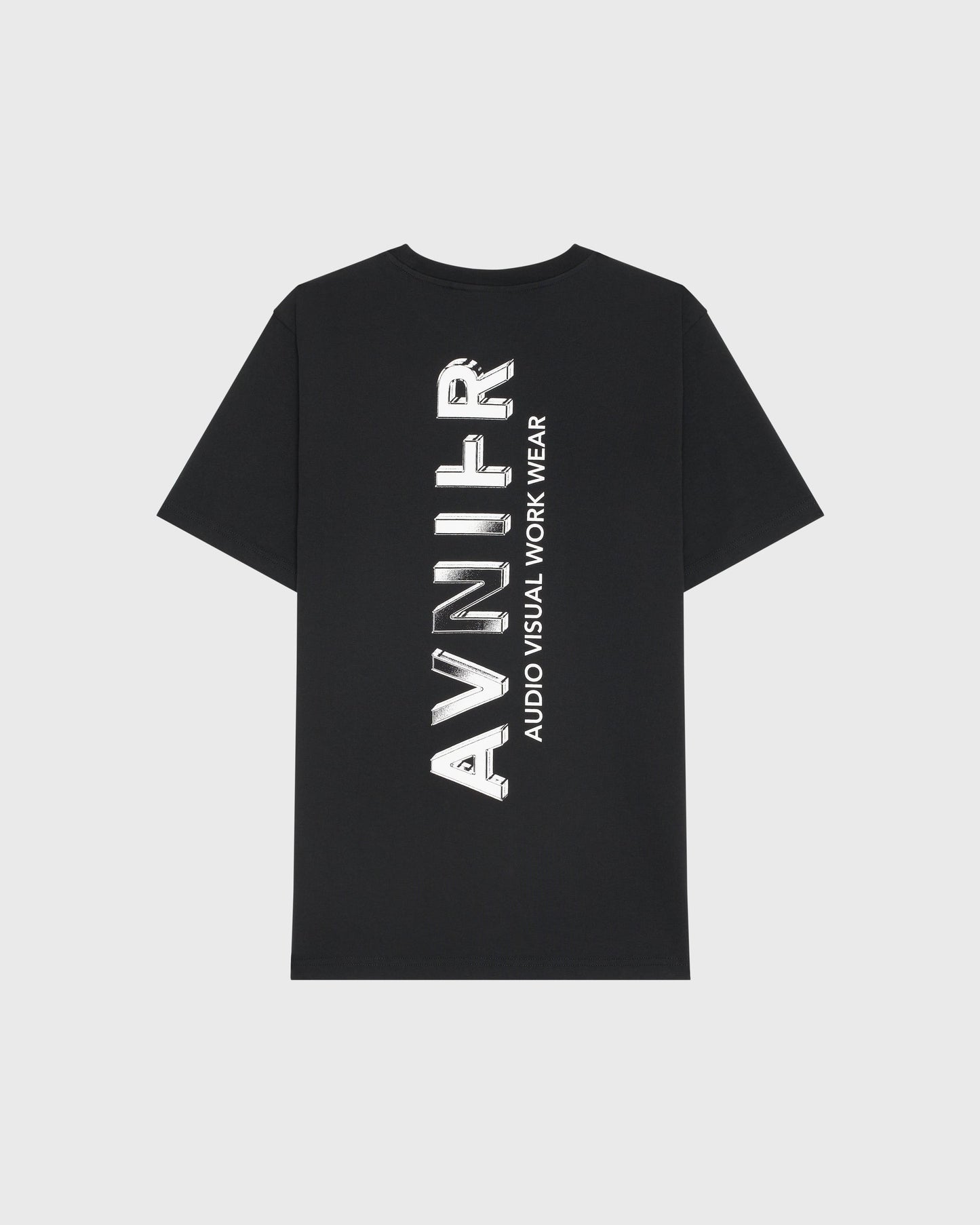 T-shirt noir Avnier Source Black Chrome Vertical, vue de dos avec grand logo graphique vertical.