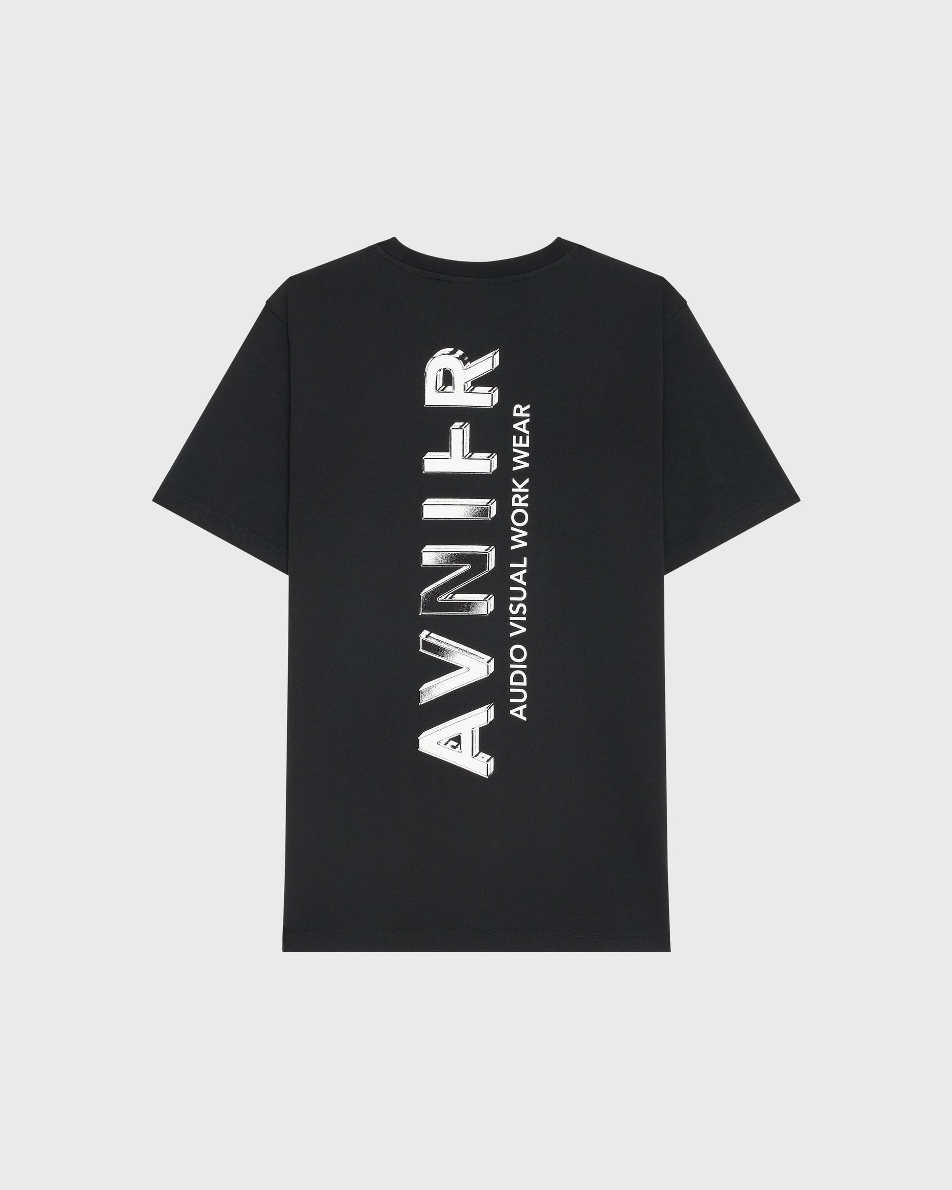 T-shirt noir Avnier Source Black Chrome Vertical, vue de dos avec grand logo graphique vertical.