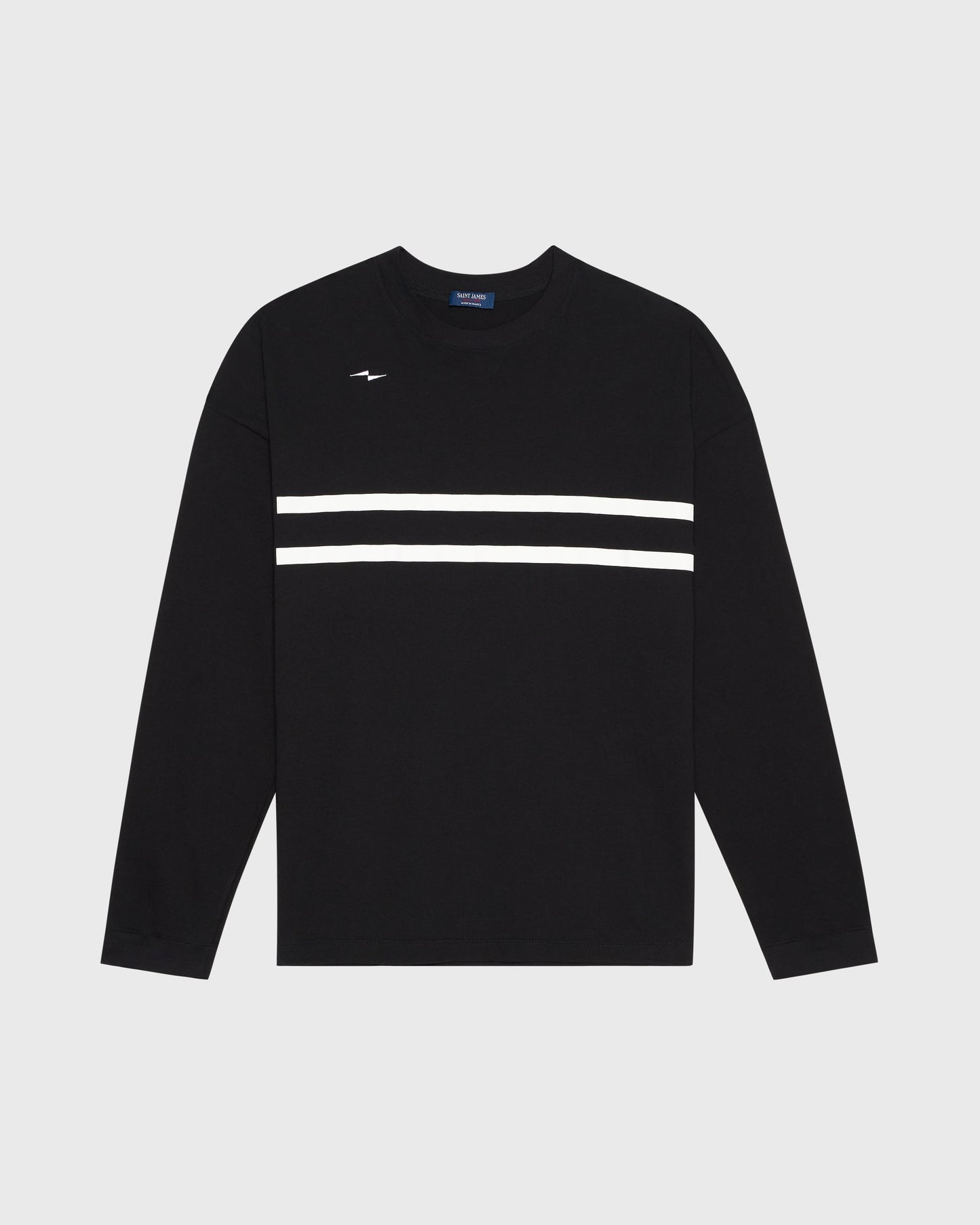 T-shirt Yocaen AVNIER × Saint James noir à manches longues, rayures blanches horizontales sur la poitrine, fabriqué en France.