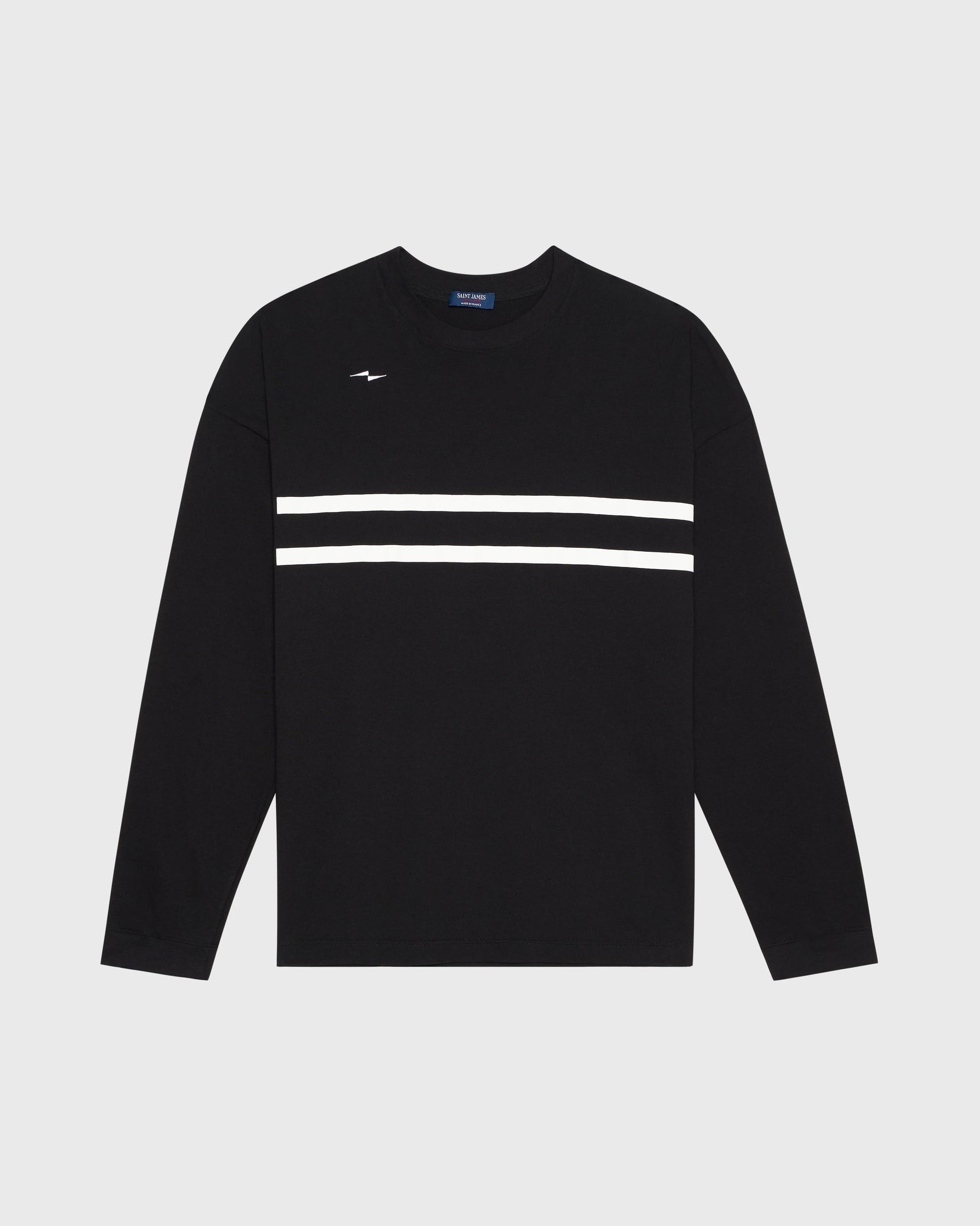 T-shirt Yocaen AVNIER × Saint James noir à manches longues, rayures blanches horizontales sur la poitrine, fabriqué en France.