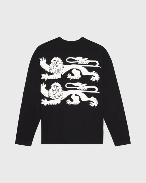 T-shirt Yocaen AVNIER × Saint James noir, vue de dos, imprimé blanc représentant les léopards normands emblématiques.