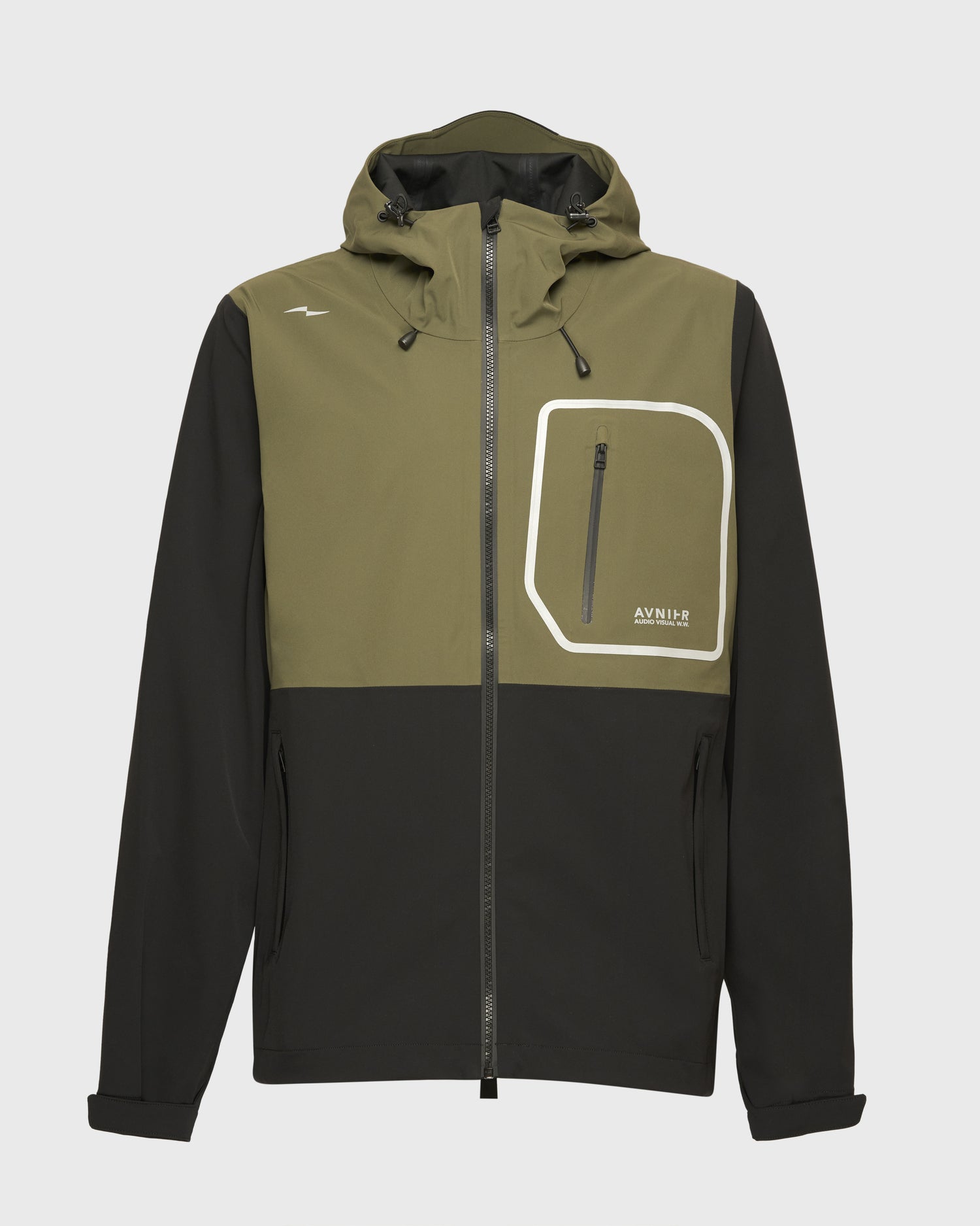 Veste Avnier Hardshell Interlude kaki, imperméable et coupe-vent, design technique 3 couches, idéale pour les professionnels de l’audiovisuel. - kaki