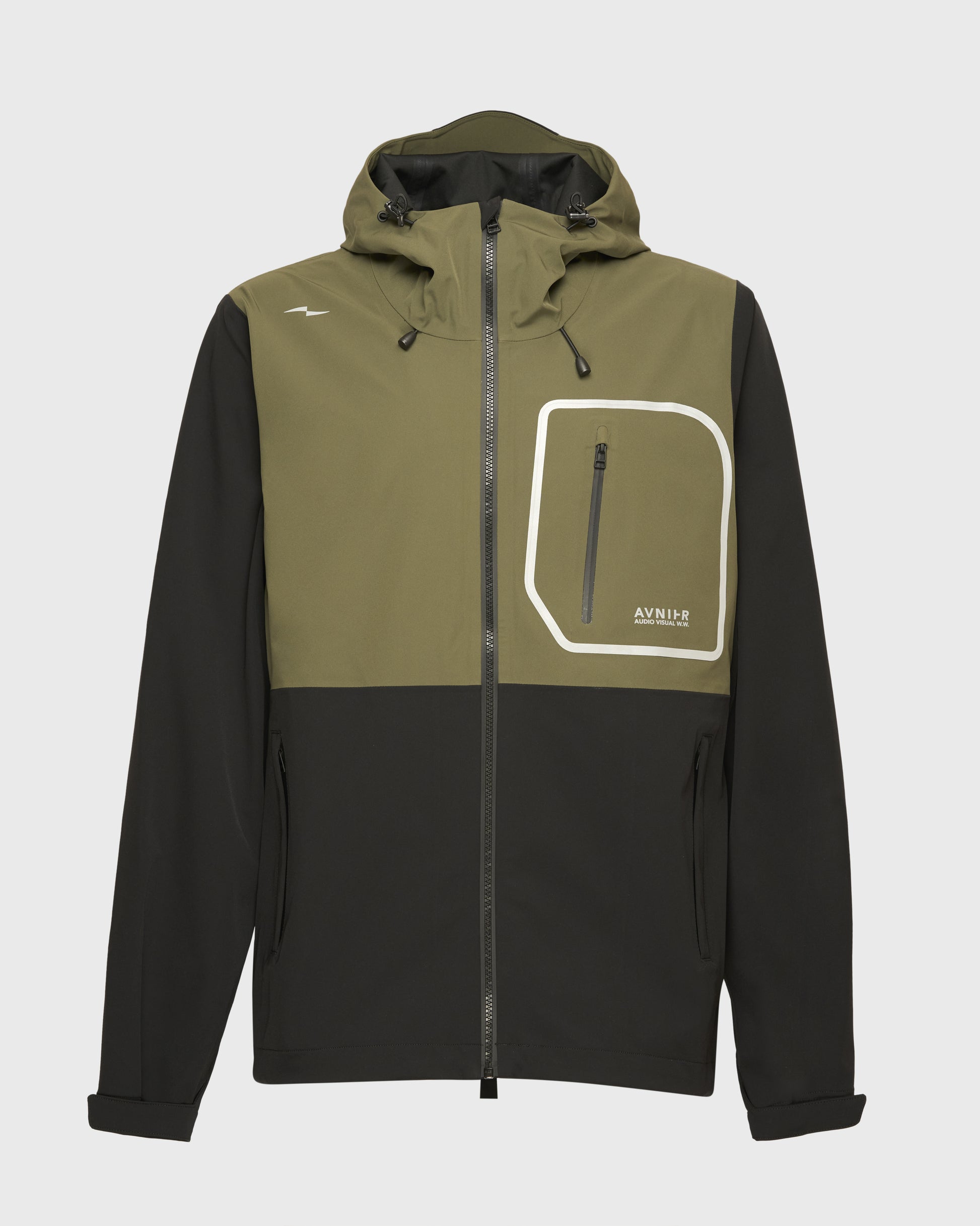 Veste Avnier Hardshell Interlude kaki, imperméable et coupe-vent, design technique 3 couches, idéale pour les professionnels de l’audiovisuel. - kaki